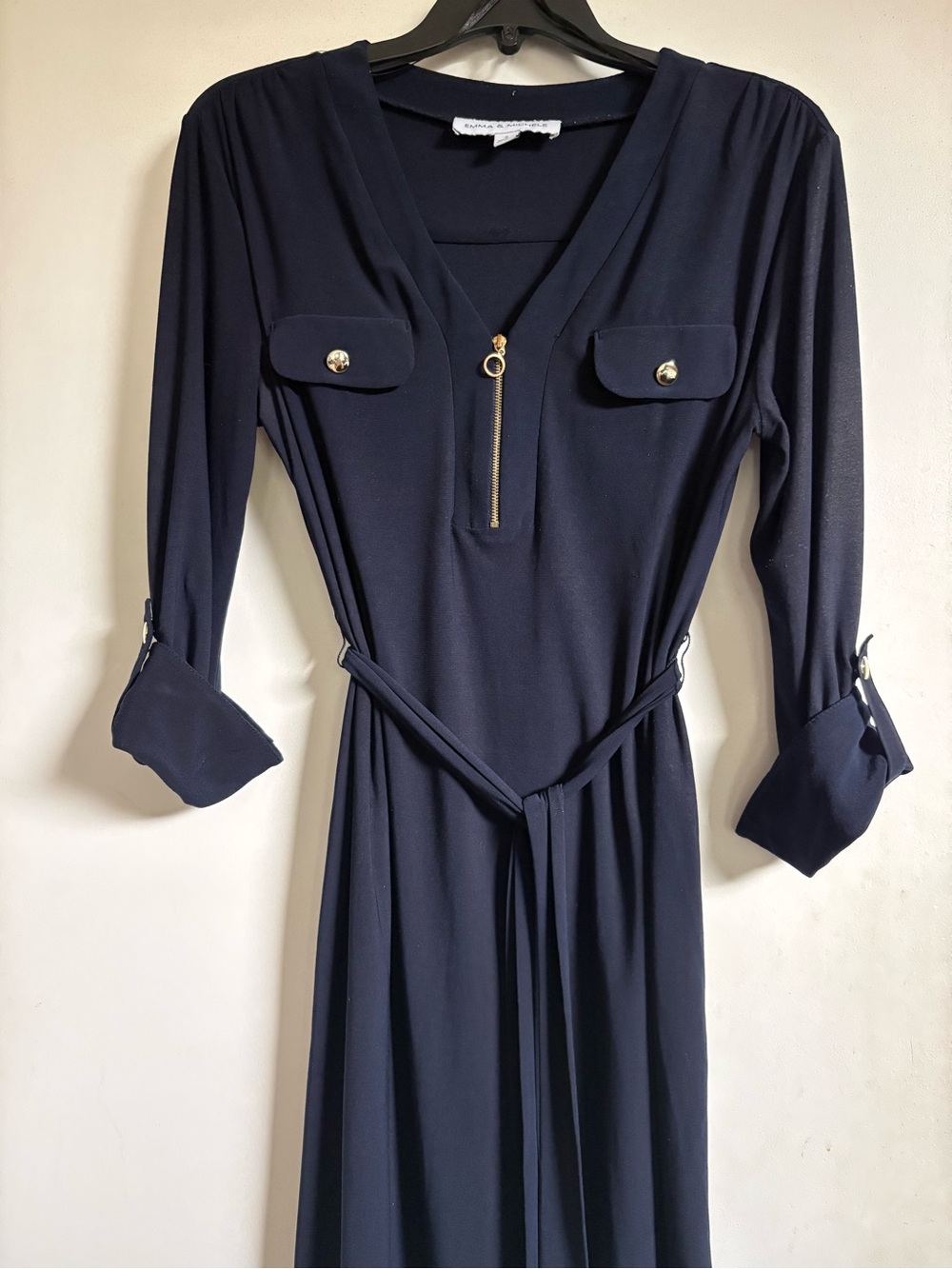Emma & Michele Navy Zip-Front Midi Dress with Belt Size S